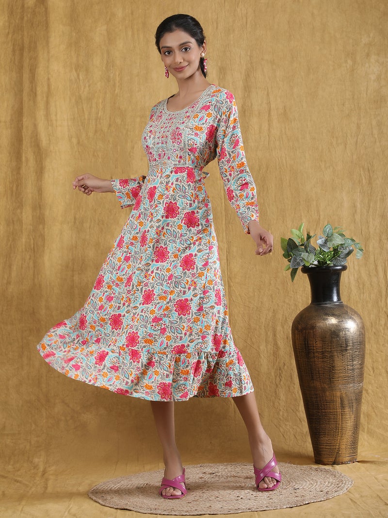 Shifory Floral Print Round Neck 3/4 Sleeve Pink Anarkali Kurti for Women - Image 4